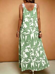 EMERY ROSE Plus Size Women Vacation Lace Trim Solid Color French Style Dress - Green - View 2