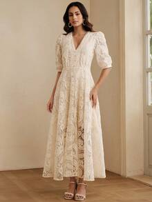 Anewsta Romantic French Style High-End Jacquard Petal Sleeve V-Neck Waist Flared Dress, Apricot Color, Suitable For Spring & Summer - Apricot - View 5