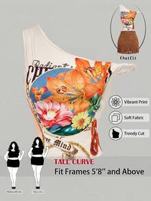 SHEIN Tall CURVE 大码女装夏季时尚度假休闲花卉字母印花不对称领修身衬衫 - 彩色 - 查看 2