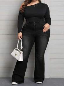 SHEIN CURVE+ Jeans évasés en jean décontracté polyvalent avec poches pour femmes grandes tailles - Noir - Voir 4