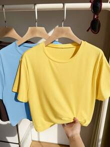Comfortcana 3pcs/Set Plus Size Basic Crew Neck Short Sleeve Colorful T-Shirts - Multicolor - View 7