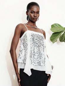 Aveloria Modichic Cami Tank Top Blouse Loose A-Line Sequin Textured Chiffon Spaghetti Strap Layered Draped Hem Elegant Chic White Party Summer Business Professional Women Sequin Embroidery Solid Summer Tops Blouses For Women Summer Outfits For Women Sexy Tops Sequin Top Holiday For 28°C Above High Temperature - Multicolor - View 7