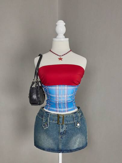 Bellisia 2026 Spring/Summer Music Festival Party Sexy Contrast Plaid Patchwork Crop Top For Women