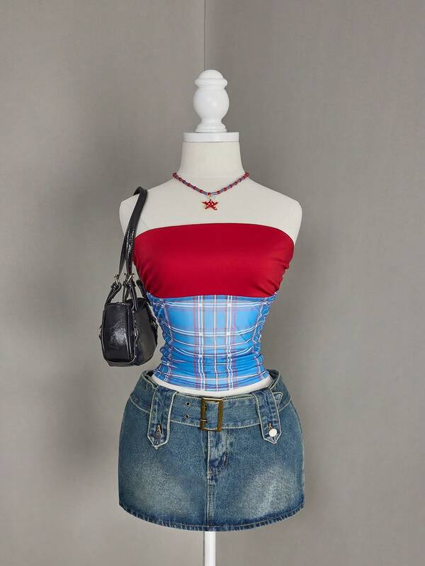 Bellisia 2026 Spring/Summer Music Festival Party Sexy Contrast Plaid Patchwork Crop Top For Women