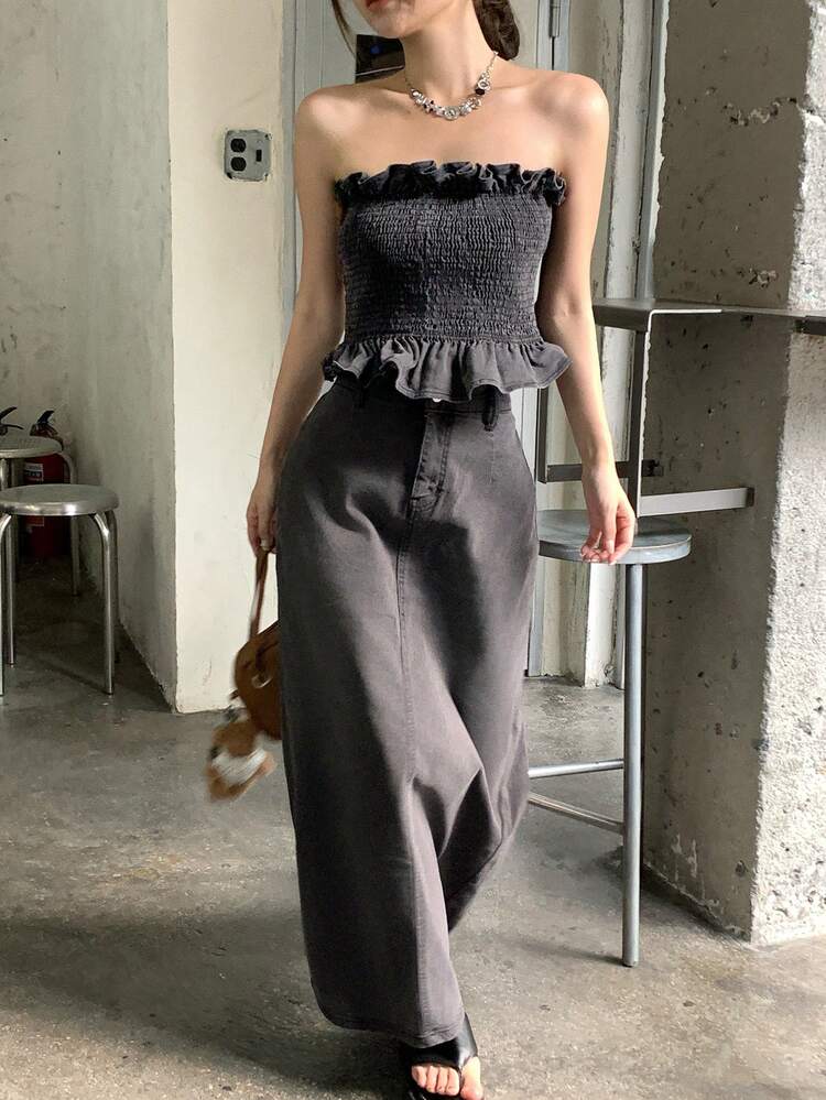 Women's Summer Casual Ruffle Bandeau Top And Denim Skirt Set