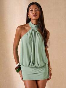 SHEIN BAE Đầm nữ thời trang đa năng xếp ly hở lưng đính cườm gợi cảm - Màu xanh Bạc hà - Xem 7