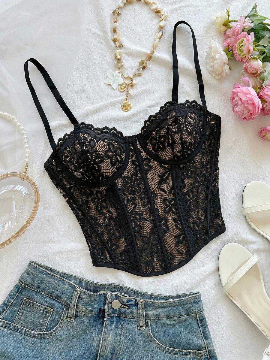 Soleia 女士度假风蓝白花卉印花蕾丝边塑形吊带背心，适合派对、情人节、约会、下午茶、海滩游轮、嘉年华、春夏假期等场合。 - 黑色 - 查看 1