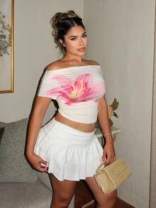 女士优雅花卉印花不对称领口褶饰上衣 - 杏色 - 查看 5