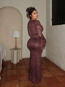 Maria Perezxox Solid Color Knit Lace Ruffle Hem Dress For Women, Vacation Going Out Outfit, Elegant Sexy Party Date Night Outfits Women, Christmas Outfit Women, Elegant Wedding Guest Outfits, Boho New Year Look, Elegant Party Outfit, Luxury Evening Outfit For Women,Dresses For Women Elegant,New Year Dress ,Elegant Party Dresses,Dresses For Women Elegant - Coffee Brown - View 2