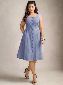 Zelara Vestido midi sin mangas con cuello cuadrado, estampado de rayas y cinturón para tallas grandes - Azul y blanco - Ver 5