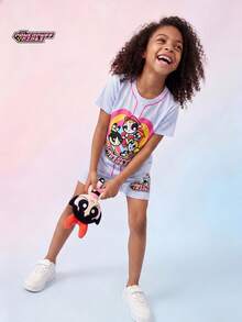 THE POWERPUFF GIRLS X SHEIN Maija Kids 2件套 女童卡通动物印花柔软针织圆领短袖T恤和松紧腰短裤 - 彩色 - 查看 3