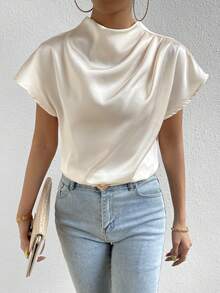 Islaluna Blusa de cuello alto de manga murciélago de satén - Albaricoque - Ver 6