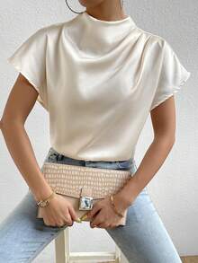 Islaluna Blusa de cuello alto de manga murciélago de satén - Albaricoque - Ver 7
