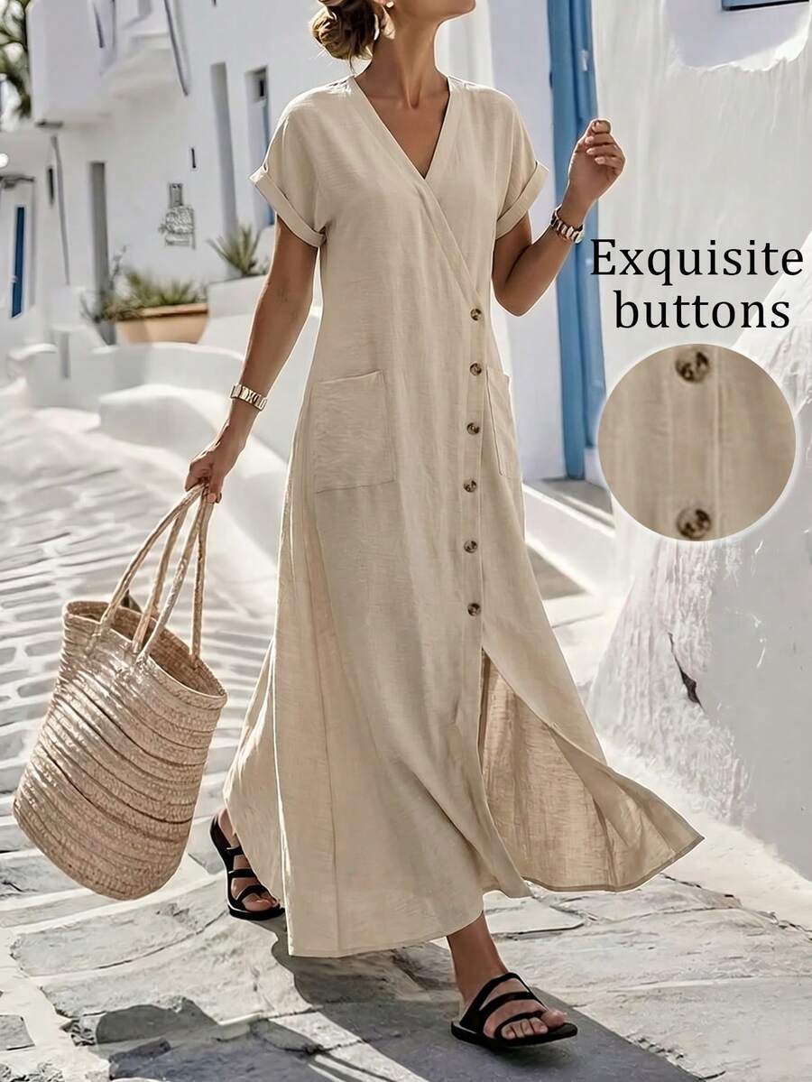 SHEIN Holidaya Đầm nữ màu trơn cài cúc, cổ chữ V, vai rớt, tay ngắn, có túi, kiểu dáng chui đầu, xẻ tà phía trước, thích hợp mặc đi làm, mặc hàng ngày, đi nghỉ mát, đi biển, hàng mới về năm 2026. - Màu Khaki - Xem 1