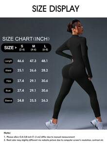 SHEIN With My Calm Women Plain Front Zipper Long Sleeve Slim Fit Sportswear Jumpsuit - Black - View 6