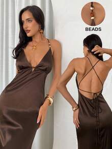 Firerie Elegante vestido de tirantes cruzados con escote en V, espalda descubierta y cuentas, estilo bohemio para mujer en color marrón, adecuado para primavera/verano, fiestas, bodas, cumpleaños, vacaciones - Marrón - Ver 4