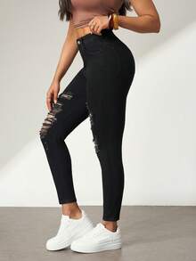 SHEIN ICON Jeans pitillo con bolsillos y cremallera para mujer - Negro - Ver 4