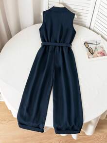 SHEIN Girls' Casual Vacation Spring & Summer Daily Outing V-Neck Sleeveless Belted Wide Leg Solid Color Jumpsuit,Holiday,Summer,Travel - Royal Blue - View 5