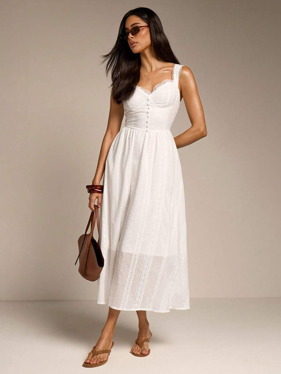 COSMINA Đầm midi ren dáng chữ A, dây mảnh, lưng chữ V sâu, thanh lịch dành cho nữ, thích hợp cho các buổi đi chơi mùa xuân/hè, đám cưới và khách dự đám cưới. - trắng - Xem 1