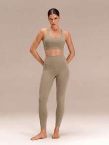 GLOWMODE Leggings de cintura alta con bolsillos laterales FeatherFit™ de 24" para gimnasio en otoño e invierno - Caqui - Ver 7