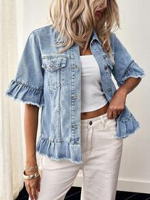 SHEIN Holidaya Áo khoác denim nữ thời trang, đa năng, cài nút, viền bèo nhún - Rửa nhẹ - Xem 7