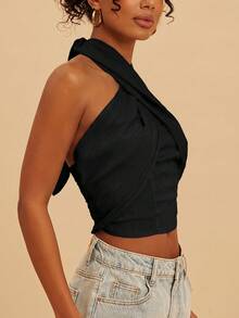 Travachic Women's Solid Color Woven Halter Neck Camisole, Spring/Summer,Summer Top - Black - View 3