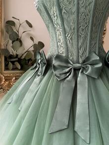 Lovelzi 优雅浪漫蕾丝网纱泡泡裙，无肩带束身胸衣，可拆卸蝴蝶结系带，可调节肩带，适合沙滩、假日派对、生日、毕业典礼、舞会、婚礼、鸡尾酒会等场合的女士礼服 - 橄欖綠 - 查看 6