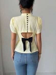 Elenzga Nouvelle blouse d'été pour femmes avec col montant, manches à volants en forme de pétale et ourlet à volants - Jaune clair - Voir 2