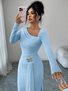 Elenzga Elenzya Women Summer Elegant Light Blue Long Sleeve Dress,Autumn Bar Party Chiffon Asymmetric Collar Waist Dress  Metal Butterfly Decor For Vacation - Baby Blue - View 5