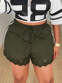 Maweii Plus Size Women Side Stripe Loose Lace Bow Shorts - Army Green - View 4
