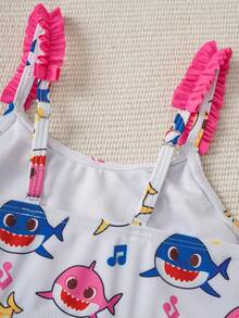 BABY SHARK X SHEIN 女童卡通印花荷叶边吊带背心式泳衣上装和三角泳裤套装 - 淺粉色 - 查看 7