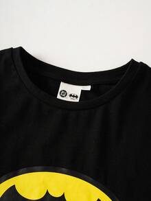 BATMAN X SHEIN Tween Girls' Round Neck Loose Casual Short Sleeve T-Shirt, - Black - View 4