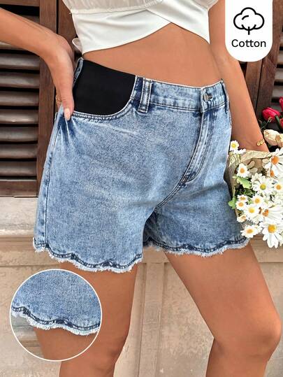 SHEIN Maternity Summer Casual Vacation & Commute Frayed Hem Loose Denim Shorts Summer Carnival Costume Commuting Vacation Graduation Chic Y2k Cute Streetwear Coquette Party Wedding Elegant Business Casual Woman Business Beach Graduation Women's Casual Maternity Distressed Denim Shorts With Stretchy Side Panels For Summer