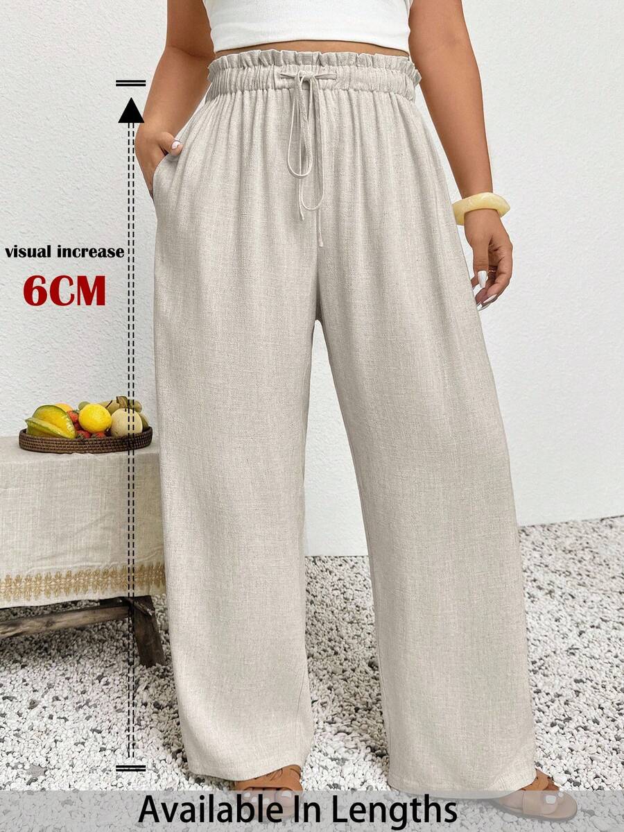 SHEIN PETITE CURVE 大码女式休闲时尚裤，假日休闲风，夏季长裤 - 杏色 - 查看 1