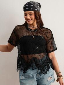 Freevana Áo thun ngắn tay đính sequin, viền tua rua khoét rỗng, đa năng, dành cho nữ, cỡ lớn. - màu đen - Xem 1