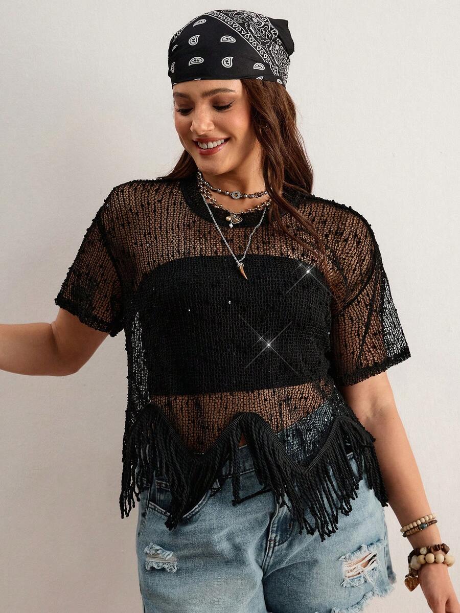 Freevana Áo thun ngắn tay đính sequin, viền tua rua khoét rỗng, đa năng, dành cho nữ, cỡ lớn. - màu đen - Xem 1