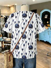 SHEIN JORESS Bestselling Floral Print Patchwork Lace Trim Casual Vacation Shirt, Spring/Summer - Multicolor - View 2