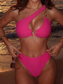 Swim SXY Hollow Out Solid Color Separated Bikini Set For Vacation, Summer Beach - Hot Pink - View 6