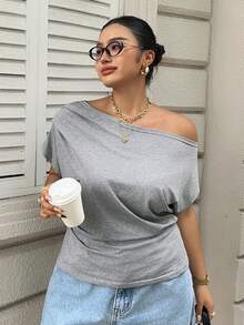 Dazy Plus Plus Size Women's Casual Off-Shoulder Ruched Fitted Short Sleeve T-Shirt, Spring/Summer Holiday - Grey - View 2