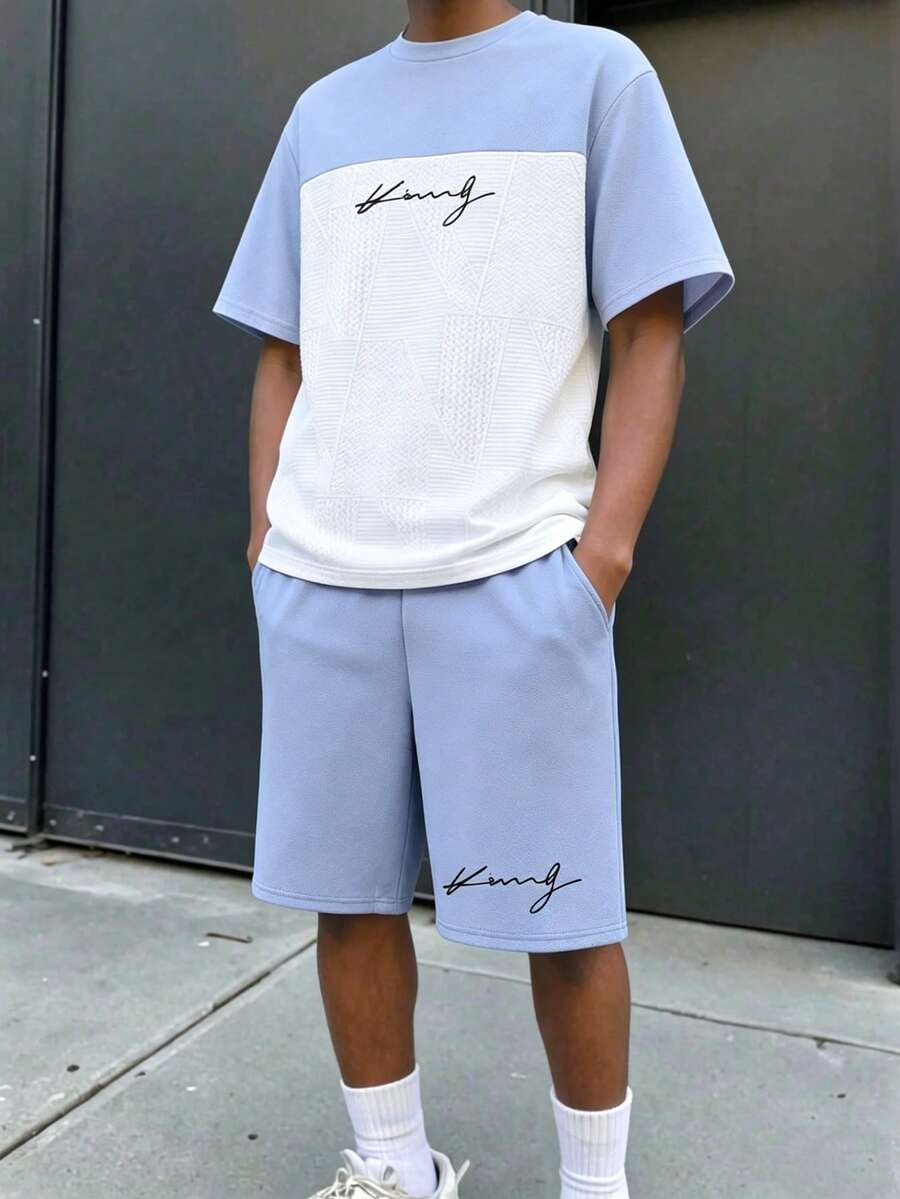 SHEIN 2件套青少年男童夏季撞色字母拼接圆领短袖T恤和户外休闲时尚3D字母运动短裤 - 藍白色 - 查看 1