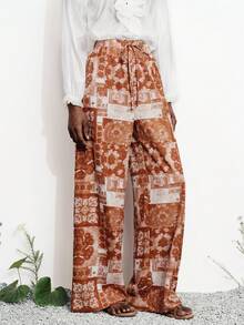 Aveloria Modichic Women's Trousers Wide Leg Lightweight Woven Fabric Elastic Drawstring Waist Bohemian Vacation Style Brown Vacation Summer Career Women Printed Boho Floral Pattern Women's Pants Vacation Outfits Women Summer Holiday 25-35°C - Multicolor - View 6