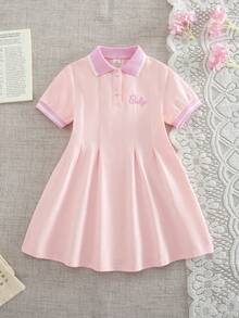 SHEIN Đầm bé gái dễ thương, đa năng, tối giản với cổ áo và tay áo bo gân, màu hồng thêu họa tiết xếp nếp, thích hợp mặc mùa hè. - Hồng - Xem 3