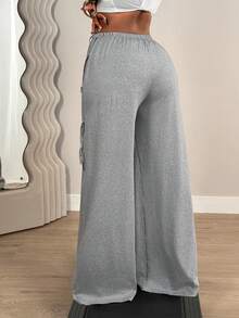 Mistrie Summer Grey High-Waisted Side Tie Wide Leg Pants, Loose Drawstring Casual Sports Trousers - Grey - View 2