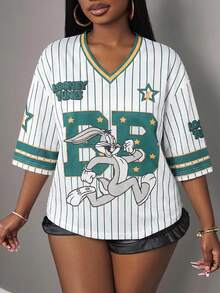 Slaydiva LOONEY TUNES X SHEIN Áo thun nữ in chữ và số theo phong cách tối giản, thoải mái, thích hợp cho mùa hè. - Nhiều màu - Xem 4