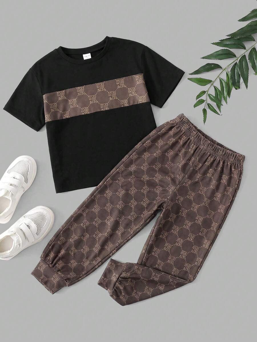SHEIN 2件套男童夏季休闲字母印花T恤和裤子套装 - 彩色 - 查看 1