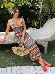 Vestido de tubo con cuello halter a rayas coloridas para mujer de talla grande - Multicolor 3 - Ver 4