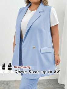 SHEIN CURVE+ 大码翻领双扣马甲西装外套，适合工作场合、毕业典礼、返校季、教师节等场合，秋冬季女装之选。 - 淺藍色 - 查看 6