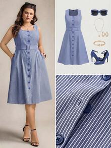 Zelara Vestido midi sin mangas con cuello cuadrado, estampado de rayas y cinturón para tallas grandes - Azul y blanco - Ver 1