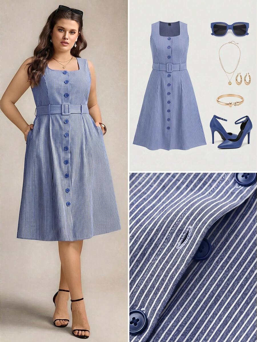 Zelara Vestido midi sin mangas con cuello cuadrado, estampado de rayas y cinturón para tallas grandes - Azul y blanco - Ver 1