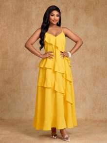 Brilight Women's Elegant Yellow Summer Tropical Garden Party Vacation Holiday Dress, Spaghetti Straps Irregular Lotus Leaf Hem Beach Sundress - Yellow - View 6